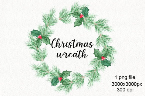 Watercolor Holly Christmas Wreath Png for Illustrations